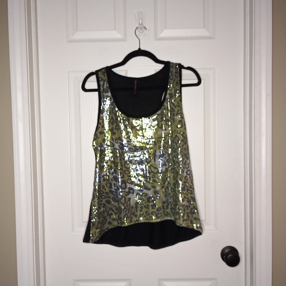 Hybrid Apparel Baby Doll Swing Leopard Sequin Top SZ XL